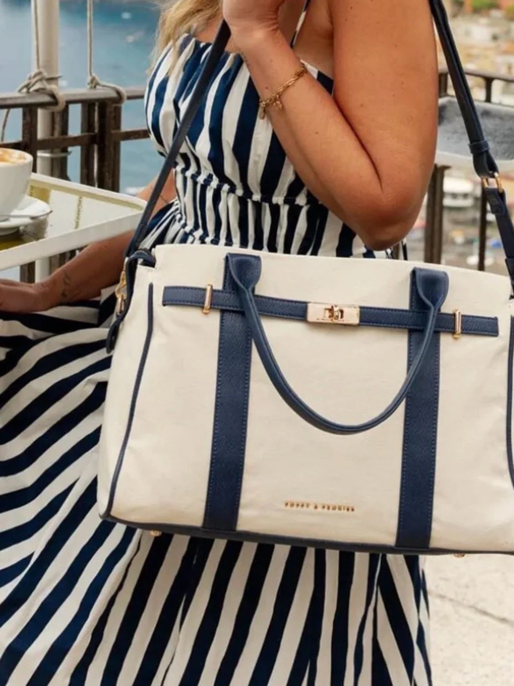 Poppy & Peonies Cream and Navy Structured Canvas Tote Bag & wallet (set) - Picture 4 of 10